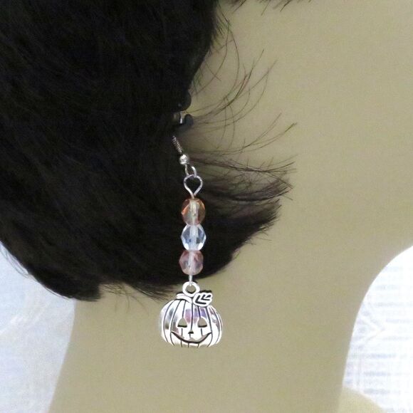 Handmade Silver Dangle Pumpkin Earrings for Halloween, Drop Earrings for Women - Picture 5 of 7